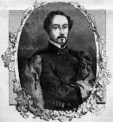Portrait de Juan Prim y Prats, comte de Reuss (1814-1870), général et homme politique espagnol. Gravure dans « Le Monde Illustré » n°151 du 3 mai 1860.