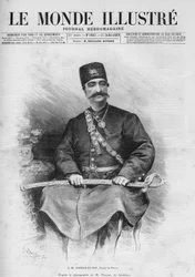 Portrait de Nasser Ed Din (1831-1896), Shah de Perse (Iran). Aussi appelé Nasseredin Shah, Nasserer-al-Din Shah Qajar, Nasser al-Din Shah Qajar, Nassiruddin Shah. Un des journaux « Le Monde Illustré » No. 1687 du 27 juillet