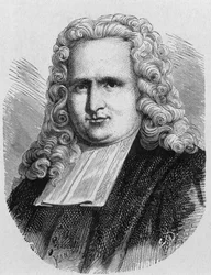 Portrait de Pieter (Petrus, Pierre) van Musschenbroek (1692 - 1761), physicien néerlandais, inventeur en 1745 du premier condensateur électrique (bouteille de Leyde) - dans « Album de la Science ; savants illustres ; Grandes découvertes » 1896