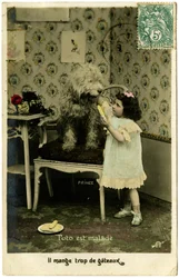Carte postale : Toto est malade, il mange trop de gâteau