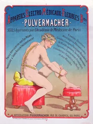 Affiche publicitaire pour une machine de massage et de stimulation électro-médicale Pulvermacher, 1884