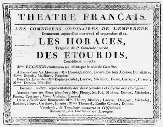 Affiche pour la représentation de Les Horaces par Pierre Corneille (1606-84) au Théâtre Français à Paris, 1812
