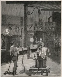 Poterie, Manufacture de Sèvres : Atelier de moulage sous vide et à air comprimé. Gravure de 1885 dans « Les arts et métiers illustrés » par Adolphe Bitard.
