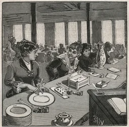 Poterie : atelier de peinture sur porcelaine au XIXe siècle en France. Gravure de 1880 dans « Les arts et métiers illustrés » par Adolphe Bitard.