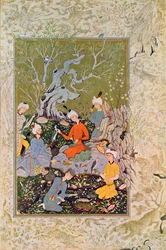 Prince chassant avec des faucons, illustration de Les Mille et Une Nuits, 1895 (gravure en couleur)