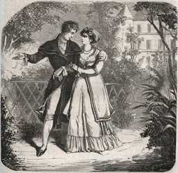 Princesse de Galles Caroline de Brunswick (1768-1821) marchant avec son amant, Bartolomeo Bergami. Gravure de 1871 dans « Histoire Des Cocus Célèbres » par Henry de Kock (1819-1892).