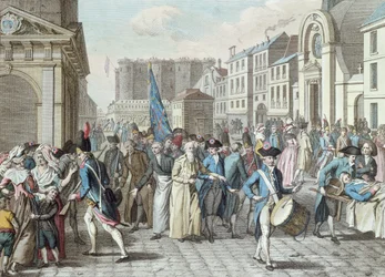 Prisonniers dans la rue Saint-Antoine après leur libération de la Bastille le 14 juillet 1789