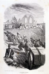 Prisonniers tirant des blocs de pierre de carrière, "Les Bagnes: histoire, types, mœurs, mystère" par Maurice Alhoy, éd. Gustave Havard