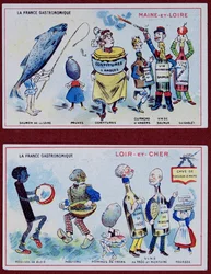 Cartes promotionnelles et éducatives pour enfants représentant les spécialités alimentaires des régions du Maine-et-Loire et du Loir-et-Cher, vers 1910