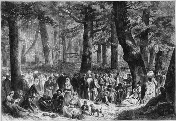 Coutume protestante : le "zendingsfeest" ou fête des missions tenue en Hollande. Les pèlerins mangent pendant le discours du prédicateur. Gravure dans "Le Monde Illustré" n°853 du 16 août 1873