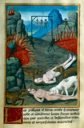Punition réservée aux voleurs et pilleurs en Enfer, ils sont pendus, brûlés et dévorés par des chiens. Miniature de "Le Trésor de Sapience" par Jean Gerson (1363-1429) XVe siècle Chantilly, Musée Condé