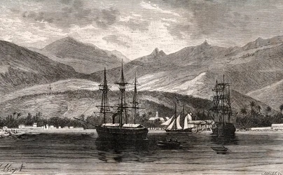 Rade de Tahiti - gravure dans "La France illustrée: géographie, histoire, administration statistique" par V.A. Malte-Brun. 1884