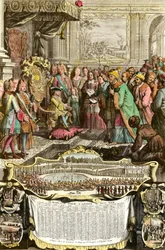 Réception de Mehemet Effendi ambassadeur turc du grand Sultan Achmet par Louis XV le 21 mars 1721 aux Tuileries. Gravure du XVIIIe siècle. Collection privée
