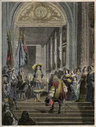 Réception du Grand Condé à Versailles par Louis XIV - escalier des ambassadeurs - Réception du Grand Condé (Louis II de Bourbon Condé) par le roi de France Louis XIV à Versailles en 1674. gravure dans « PATRIE - DESCRIPTION PICTURESQUE DE LA FRANCE »