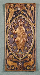 Plaque reliquaire représentant le Christ avec les symboles des évangélistes (cuivre émaillé)