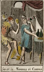 Représentation de Comus, divinité des gourmets et de la cuisine, il préside les festins, représenté appuyé sur un pieu avec une torche et Momos, personnification de la moquerie et du sarcasme, représenté comme un bouffon de cour. De « Mythologie de la Jeun