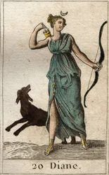 Représentation de Diane, déesse de la chasse, elle tient un arc et des flèches. De "Mythologie de la Jeunesse" par Pierre Blanchard 1803.