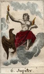 Représentation de Jupiter (ou Jove), roi des dieux et dieu du ciel et du tonnerre. Tiré de «Mythologie de la jeunesse» de Pierre Blanchard, 1803.