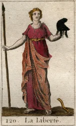 Représentation de la Liberté en femme tenant un bonnet phrygien et une pique. De "Mythologie de la jeunesse" par Pierre Blanchard 1803.