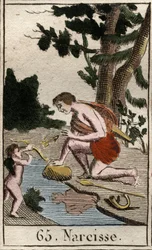 Représentation de Narcisse, un jeune homme amoureux de lui-même, il regarde constamment son reflet. De « Mythologie de la jeunesse » par Pierre Blanchard 1803.