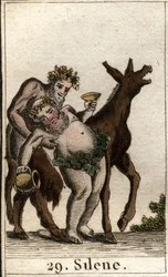 Représentation de Silène, compagnon de Bacchus, ivre, soutenu par un satyre. De « Mythologie de la jeunesse » par Pierre Blanchard 1803.