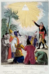 Représentation de la liberté de culte de toutes les religions maintenue par Napoléon Bonaparte (1769-1821) : le Premier Consul indique le triangle de la Trinité symbolisant Dieu, accompagné des représentants de chaque religion : évêque catholique, un
