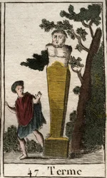 Représentation du dieu Terme, sous forme de borne, pour marquer les possessions et les terres. De "Mythologie de la jeunesse" par Pierre Blanchard 1803.