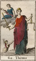 Représentation de la déesse de la Justice et de la Loi, Thémis, tenant une balance et une épée. (Représentation de Thémis, déesse de la justice et de la loi, les yeux bandés, tenant une balance et une épée). Tiré de « Mythologie de la jeunesse » de Pierre