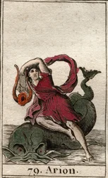 Représentation du poète grec légendaire Arion de Méthymne, charmeur de dauphins par sa cithare. De « Mythologie de la jeunesse » par Pierre Blanchard 1803