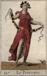 Représentation du printemps sous les traits de Flora tenant une guirlande de fleurs. De « Mythologie de la jeunesse » par Pierre Blanchard 1803.