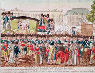 Retour de la famille royale française à Paris, 25 juin 1791, le groupe traverse la Place de la Concorde (gravure)