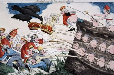 Guides révolutionnaires par Marianne bombardant les souverains européens avec leurs excréments. Caricature publiée pendant la Révolution française. Gravure. 1792. Musée Carnavalet.