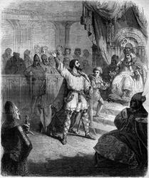 Robert de Hauteville dit Guiscard (1015-1085) se reconnaît comme vassal du Saint-Siège. Gravure dans « Histoire des Papes-Rois-Reines et Empereurs à travers les siècles » par Maurice Lachatre