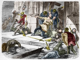 Robert le Fort mort (vers 815-866), Duc de France, lors de la bataille de Brissarthe, en 866, opposant les Francs à une armée combinant Bretons et Vikings. Gravure dans « Histoire De France En Cent Tableaux par Paul Lehugeur » 1891