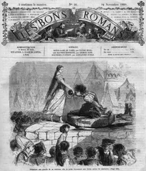 Roman-feuilleton : « Notre-Dame de Paris » de Victor Hugo (1802-1885). Quasimodo et Esmeralda. Gravure dans « Les bons romans »