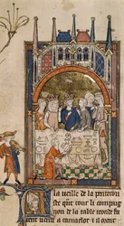 Le festin du roi Arthur, le roi Arthur et Guenièvre à un banquet, avec un serviteur agenouillé devant la table coupant du pain, de 