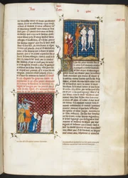 Royal MS 16 G. VI, f.306r, Meurtre de Charles, comte de Flandre, par pendaison (Louis VI, livre 20), des Les Grandes Chroniques de France