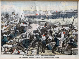 Guerre russo-japonaise - Attaque japonaise sur les tranchées russes à Moukden. Illustration pour Le Petit Journal, 2 octobre 1904