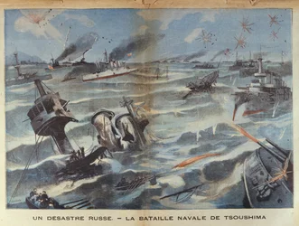 Désastre naval russe pendant la bataille de Tsushima en 1905, illustration de Le Petit Parisien, 2 juillet 1906