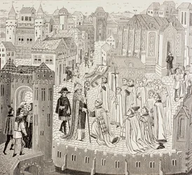 Saint Gaugericus, évêque de Cambrai, arrivant à la ville pour sa nomination, de 