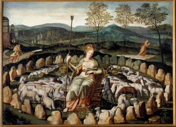 Sainte Geneviève, patronne de Paris, gardant ses moutons