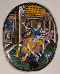 Samson et Dalila Samson perd sa force après que Dalila lui ait coupé les cheveux. Livret de Limoges. Vers 1575. Londres, Victoria and Albert Museum