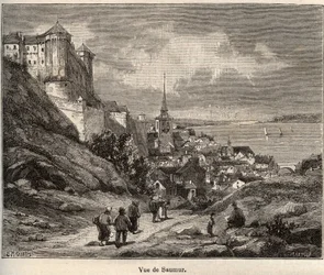 Saumur département de Maine-et-Loire, dans la région Pays de la Loire - gravure dans "La France illustrée : géographie, histoire, administration statistique" par V.A. Malt-Brown. 1884