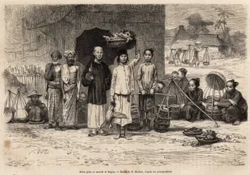 Scène du marché de Saigon (illustration du voyage en Cochinchine, par le docteur Morice, 1872, publié dans "Le tour du monde" 1875)