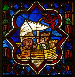 Scène dans la fenêtre E représentant Saint Samson traversant la Manche