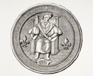 Sceau du roi de la Basoche, chef de la corporation des clercs de justice du système judiciaire parisien, tiré de Les Arts au Moyen Age, publié en 1873