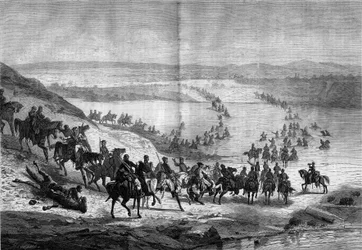 Guerre de Sécession (1861-1865) ou Guerre civile américaine : traversée du Potomac par la cavalerie sudiste du général Stuart. Gravure dans « Le Monde Illustré » n°293 du 22 novembre