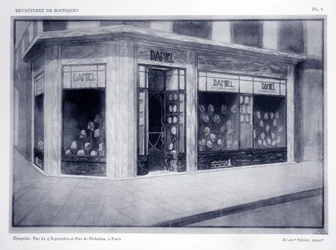 Devanture de boutique, Planche 4, illustration de Devantures de Boutiques par Louis-Pierre Sezille, Paris, 1927