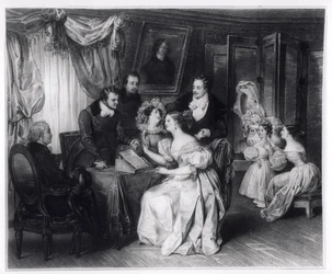 Signature du contrat de mariage chez le notaire, vers 1840