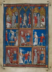 Sloane MS 1977 fol.6r Neuf miniatures montrant des scènes bibliques et médicales. En haut, le Christ devant Caïphe et Pilate; la flagellation. Au centre et en bas, des médecins traitant des patients pour des fractures et d